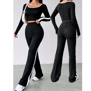 Flirla SHEIN 2 Piece Set Colorblock LS Crop and Pants in Black Size S NWOT